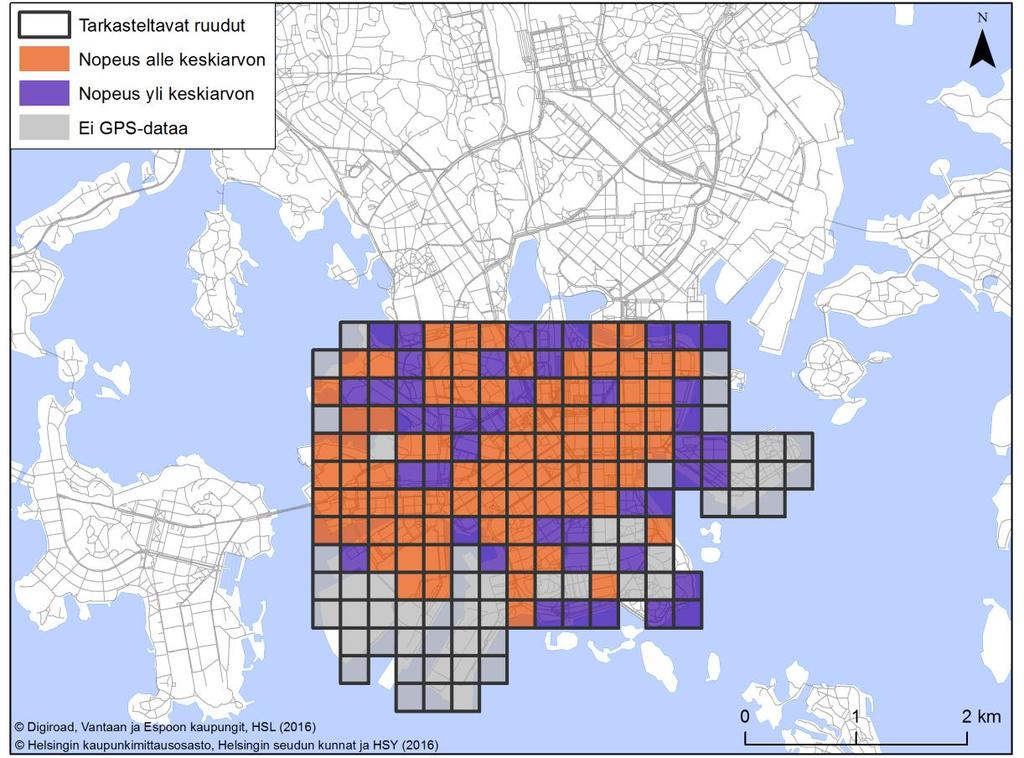 Kuva 12. Helsinginniemen 250 x 250 m ruudut jaettuna GPS-aineiston keskinopeuden ylittäviin ja alittaviin ruutuihin.