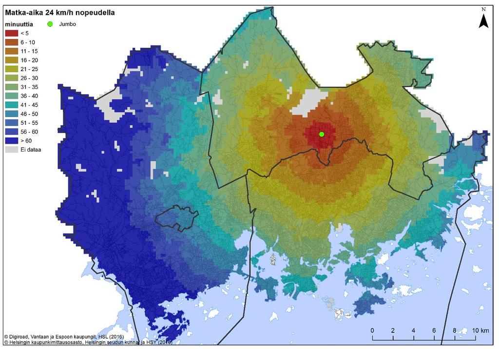 Kuva 31. Matka-aika pyöräillen kauppakeskus Jumboon 24 km/h vakionopeudella. Myös Jumbon saavutettavuudessa on selviä eroja eri nopeuksilla laskettujen matka-aikojen välillä.