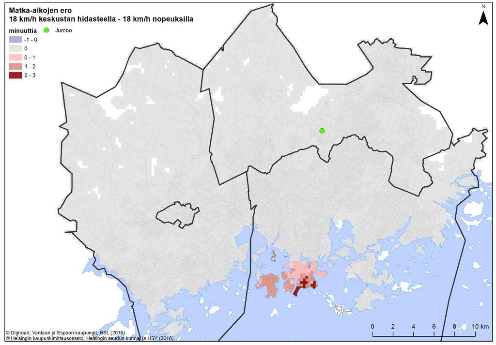 vakionopeudella laskettujen matka-aikojen erotus matkalla kauppakeskus