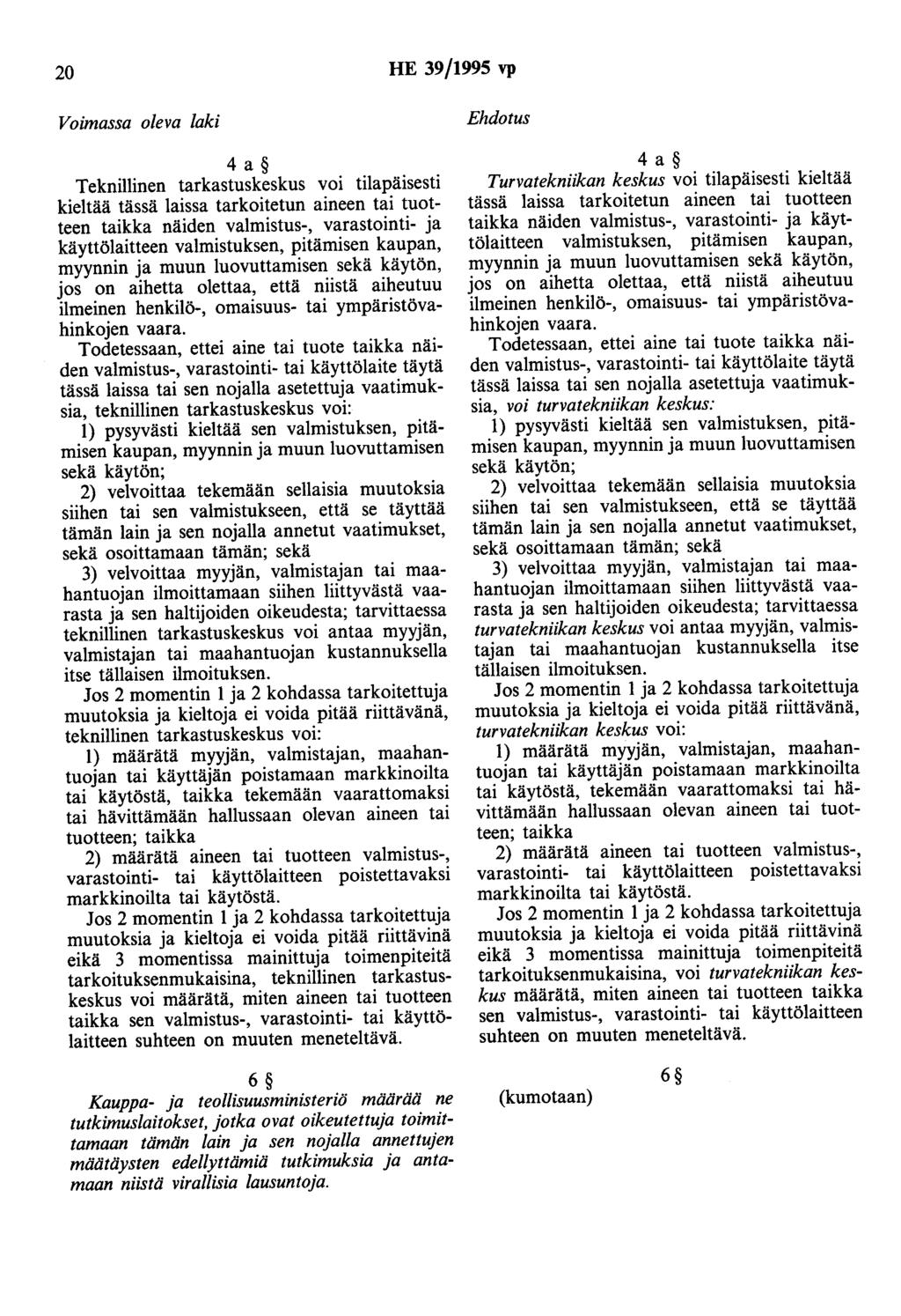 20 HE 39/1995 vp 4a Teknillinen tarkastuskeskus voi tilapäisesti kieltää tässä laissa tarkoitetun aineen tai tuotteen taikka näiden valmistus-, varastointi- ja käyttölaitteen valmistuksen, pitämisen