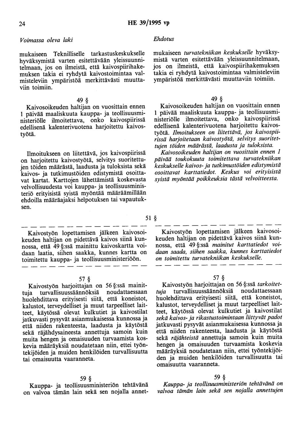 24 HE 39/1995 vp mukaiseen Teknilliselle tarkastuskeskukselle hyväksymistä varten esitettävään yleissuunnitelmaan, jos on ilmeistä, että kaivospiirihakemuksen takia ei ryhdytä kaivostoimintaa