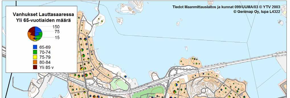 Kuva 3. Vanhusten sijoittuminen Lauttasaaren alueella.