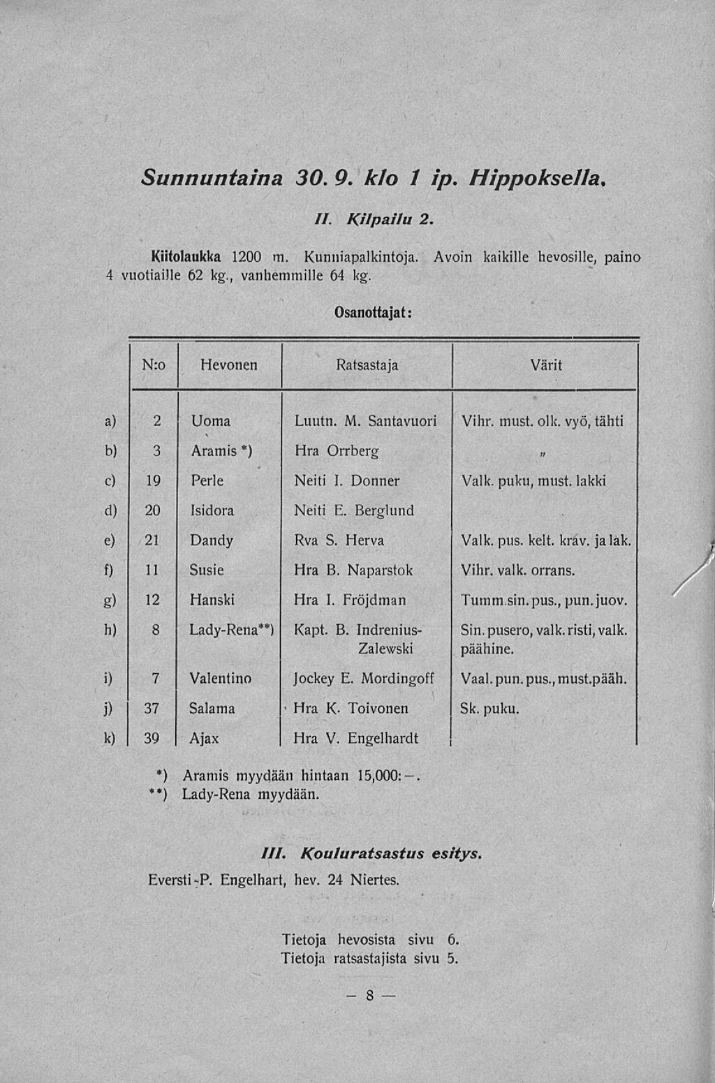 8 Sunnuntaina 30. 9. klo 1 ip. Hippoksella, 11. Kilpailu 2. Kiitolaukka 1200 m. Kunniapalkintoja. Avoin kaikille hevosille, paino 4 vuotiaille 62 kg., vanhemmille 64 kg.