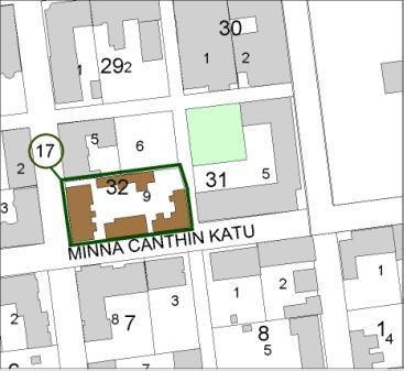 17. MINNA CANTHIN KADUN EMPIRETALOT Kuvaus: Osoitteessa Minna Canthin katu 21-23 Puijonkadun risteyksessä sijaitseva kolmen, vuosina 1842 (a), 1848 ja 1862 (b)