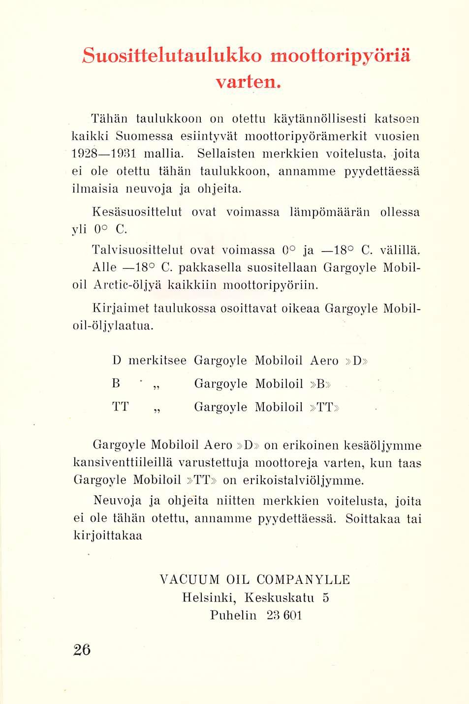 ' Suosittelutaulukko moottoripyöriä varten. Tähän taulukkoon on otettu käytännöllisesti katsoen kaikki Suomessa esiintyvät moottoripyörämerkit vuosien 1928 1931 mallia.