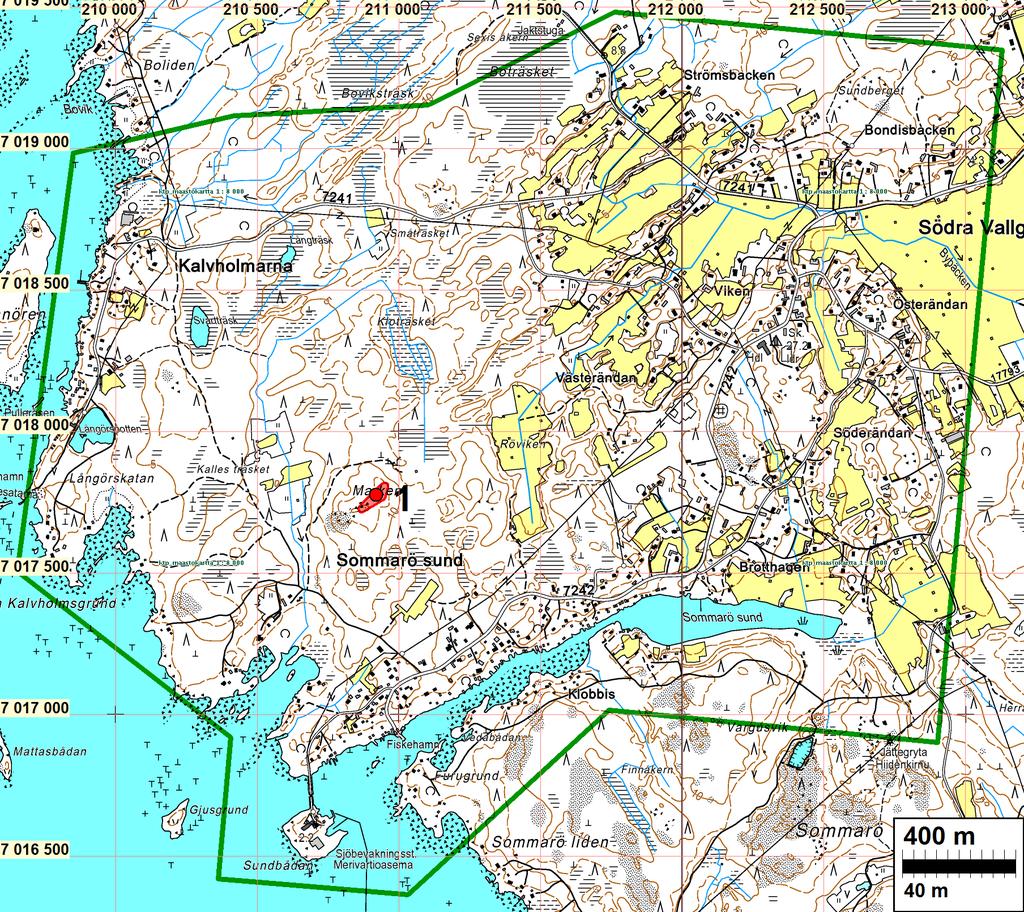 3 Yleiskartta Tutkimusalueen rajaus on vihreällä. Muinaisjäännös on merkitty punaisella ja numerolla 1. Inventointi Mustasaaren kunnalla on laatimassa Södra Vallgrundin osayleiskaava.