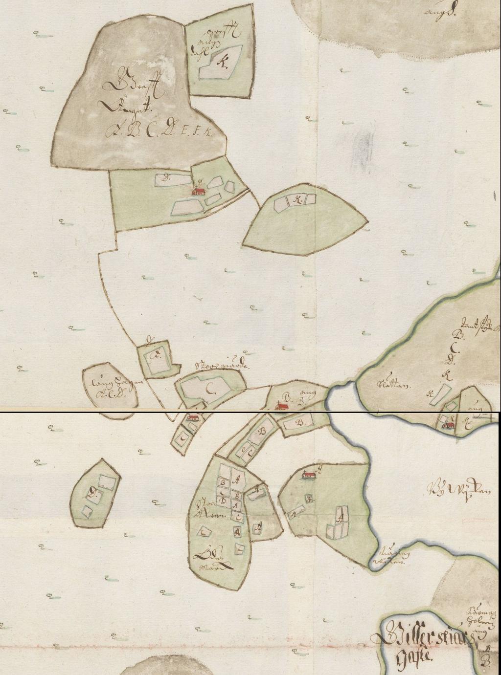 Södra Vallgrundin kylä vuoden 1695 (MH E1:64) maakirjakartassa. Kartassa pohjoinen on ylhäällä oikealla.