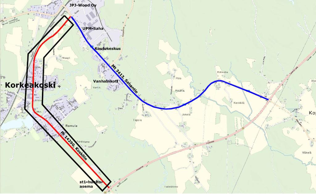 TAMPEREEN AMMATTIKORKEAKOULU TUTKINTOTYÖ 29 (45) Kuva 15 Koskitien suunnittelualue Kuva 16 Koskitie kulkee pitkänä suorana taajaman asutuksen ja palveluiden läpi.