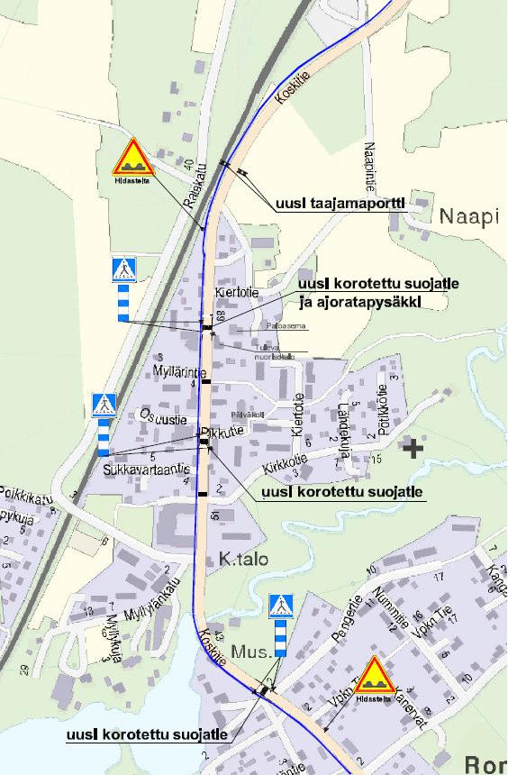 TAMPEREEN AMMATTIKORKEAKOULU TUTKINTOTYÖ 32 (45) Aluksi lähdettiin tutkimaan vaihtoehtoa, jossa toteutettaisiin 2-3 suojatiesaareketta Koskitielle turvaamaan tien ylitystä, vähentämään ylinopeuksia