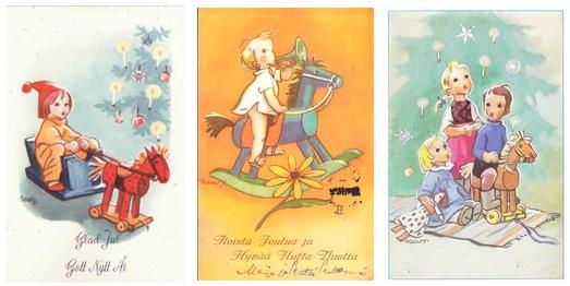 18 Kuva 9. Martta Wendelinin 1930-luvulla kuvittamissa postikorteissa leikkihevosta ohjastaa ja keinuhevosen selässä istuu poika. Kuva 10.