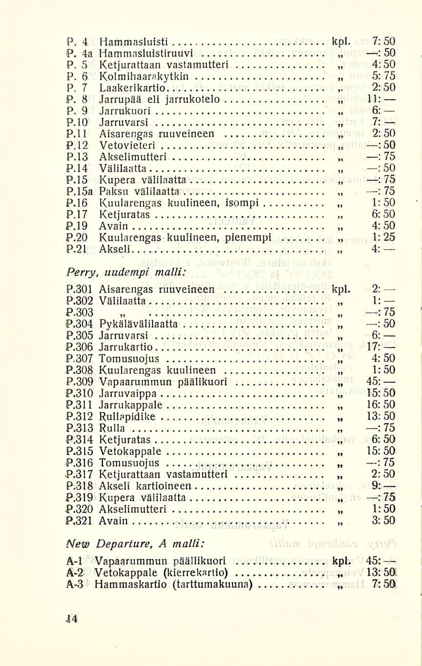 4: P. 4 Hammasluisti kpl. 7: 50 P. 4a Hammasluistiruuvi : 50 P. 5 Ketjurattaan vastamutteri 4:50 P. 6 Kolmihaarakytkin 5:75 P. 7 Laakerikartio 2:50 P. 8 Jarrupää eli jarrukotelo 11: P.