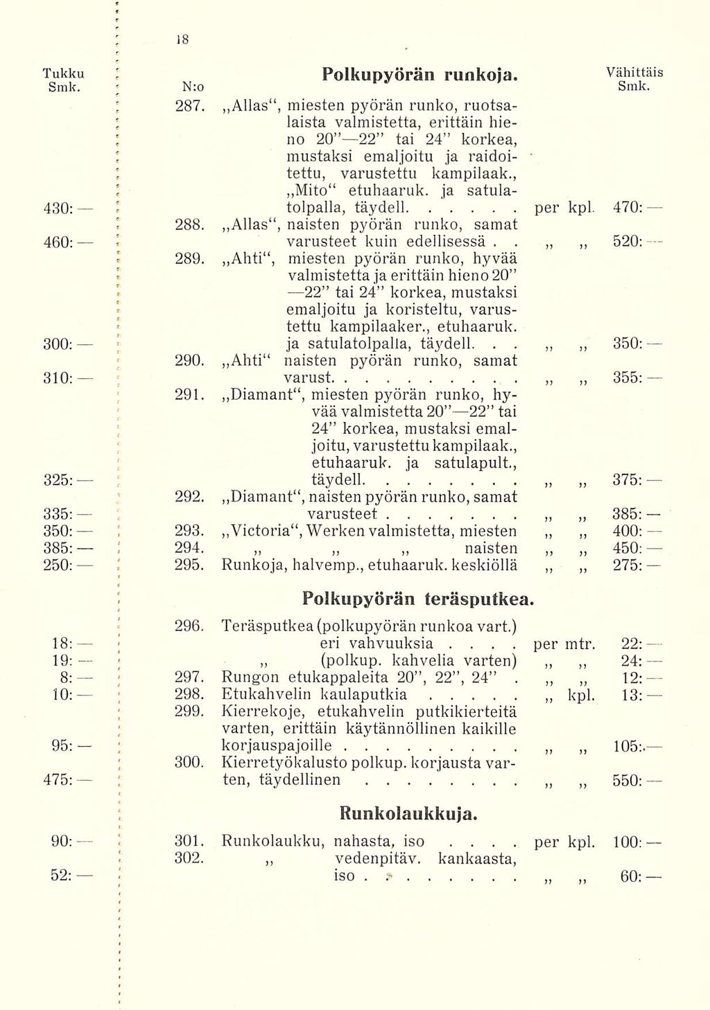 varust ; ; ; t N:o 385: 400; 450: 275: Tukku j Polkupyörän runkoja Vähittäis Smk Smk e 287 Allas", miesten pyörän runko, ruotsa ; laista valmistetta, erittäin hie ; no 20 22 tai 24 korkea, I mustaksi