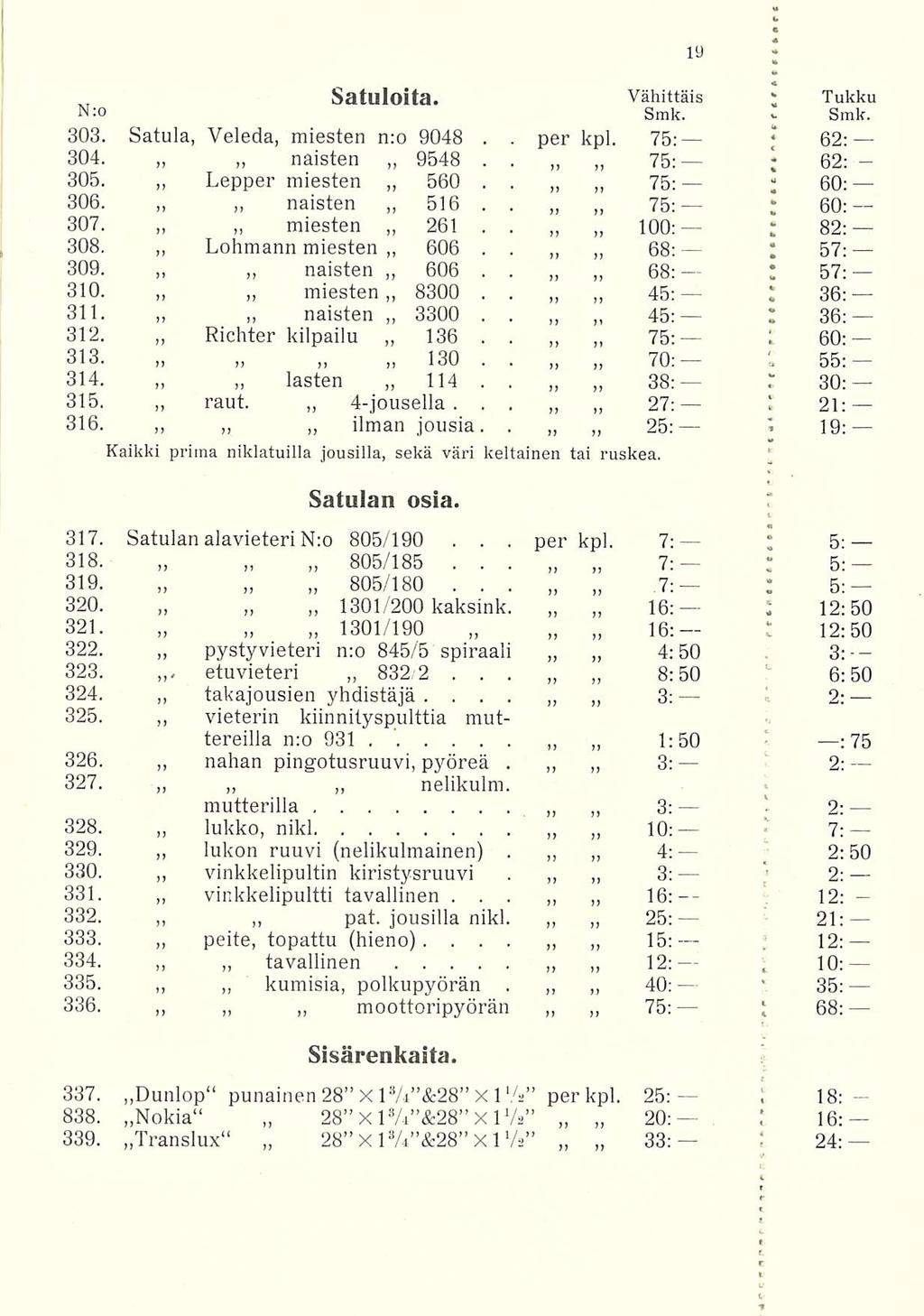 I 12: 1 1 Satuloita Vähittäis ; Tukku N:o Smk > Smk 303 Satula, Veleda, miesten n:o 9048 per kpl 75: 62: 304 naisten 9548 75: ; 62: 305 Lepper miesten 560 75: ; 60; 306 naisten 516 75: ; 60: 307