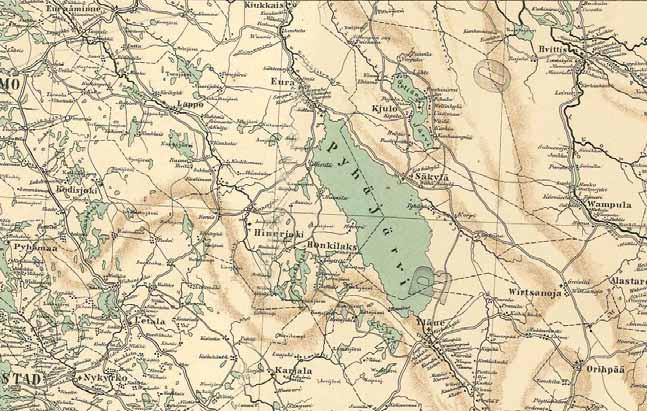 Kartta vuodelta 1865 näyttää jokseenkin nykykäsitystä vastaavalla karttapohjalla Köyliön seudun tiet.