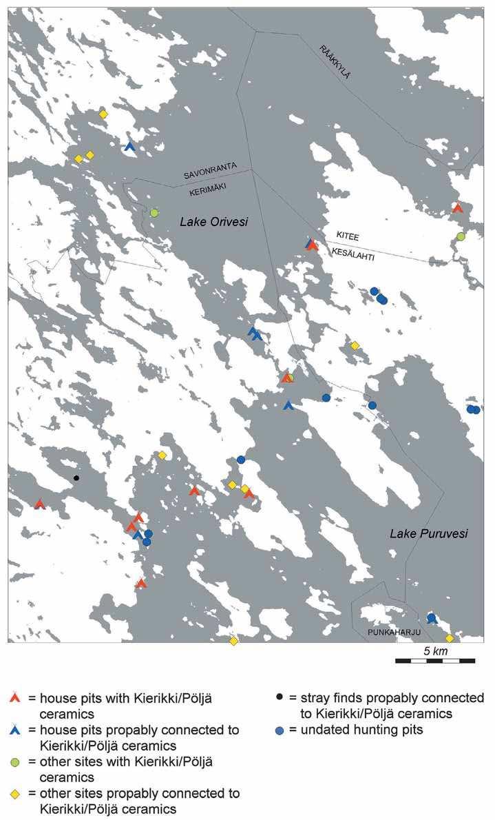 Fig. 4. Occupation sites during Time Horizon 3 (Kierikki/Pöljä Ware, Late Comb Ware). Some of the sites include Late Comb Ware, although it is not mentioned in the key.