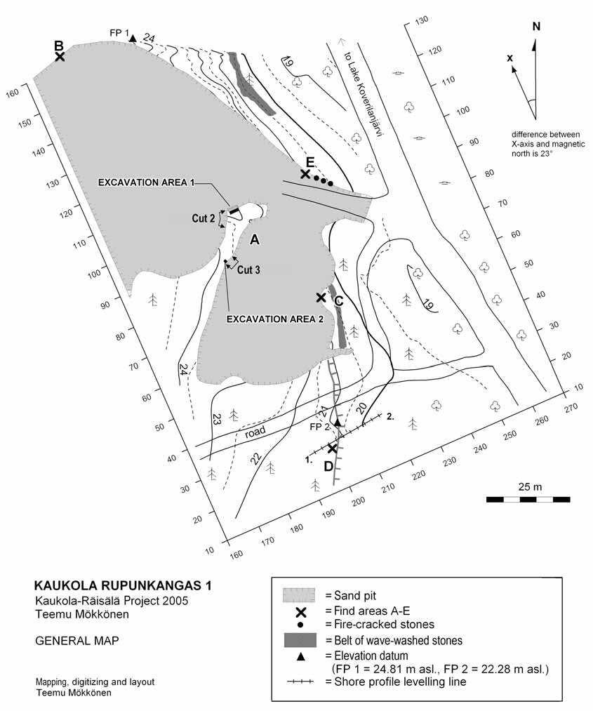 Fig. 3. General map of the Rupunkangas 1 site. The excavated part of the find area Rupunkangas 1A is located on a strip of land between two sand pits. Map: T. Mökkönen.