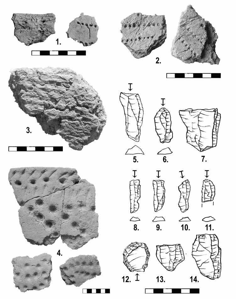 Fig. 6. Finds from the Rupunkangas 1A site. Ceramics 1-4: 1-2) Hair tempered Early Metal Period ceramics, 3) Textile Ceramics, and 4) Late Comb Ware.