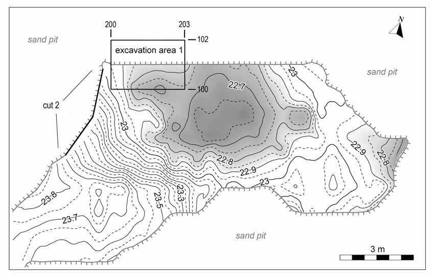 Fig. 9. Surface elevation model of the Rupunkangas 1A site. Contours are given at 10 cm intervals (m a.s.l.). The shaded area shows the shape of the last housepit on the site. Map: T. Mökkönen & K.