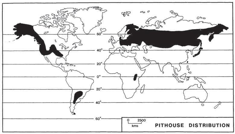 Fig. 6. The worldwide distribution of pithouses in archaeological and ethnographic sources. The original map published by Gilman (1987: Figure 1.