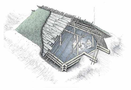 Fig. 10. Reconstruction of the Kärmelahti pithouse. The dwelling 8 x 7-7.5 metres in size dates to 3200 2800 cal BC. Drawing by Mikko Rautala from Katiskoski (2002).