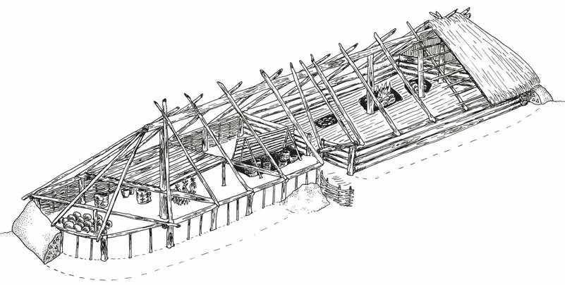 Fig. 12. Interpretation of a pithouse structure at the Bjästamon site. The storage area (left) and the residential part (right) have been connected by a hallway with underground storage.