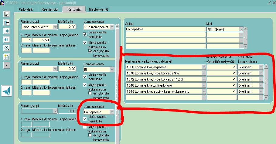 Lomapalkkakertymän lomalaskennaksi siis valitaan Lomapalkka ja ruksataan Lisää uusille henkilöille.