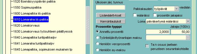 Ruksit laitetaan kohtiin Lomakertymä määräksi, Annettu prosentti sekä jakajaksi laitetaan 25.