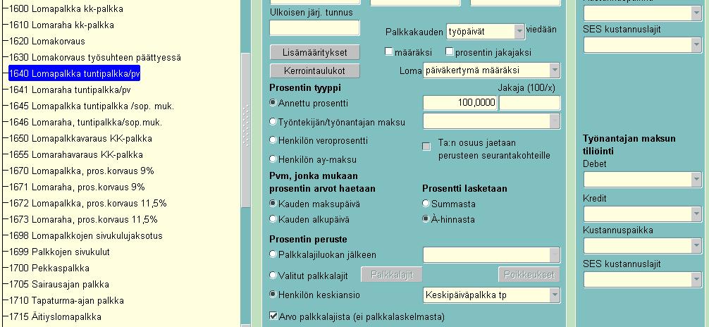 20 Lomapalkkavaraus tuntipalkasta Kirjanpidon tilit merkitään Lisämääritykset - kohdan taakse,