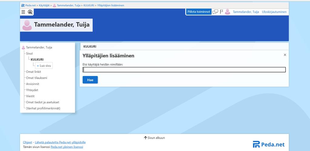 Siirry ensin KULKURI-sivullesi, niin näkymä muuttuu oikeaksi): Katso, että ylhäällä on valittuna kohta: Julkisuus on määritelty erikseen vain tälle sivulle.