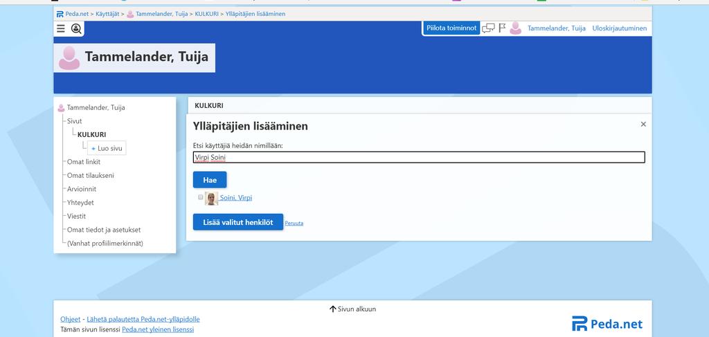 9 Laita ruksi opettajan nimen edessä olevaan laatikkoon ja napauta sinistä Lisää valitut henkilöt -laatikkoa: Jos opiskelet useilla eri verkkokursseilla, käy samalla tavalla hakemassa kaikki