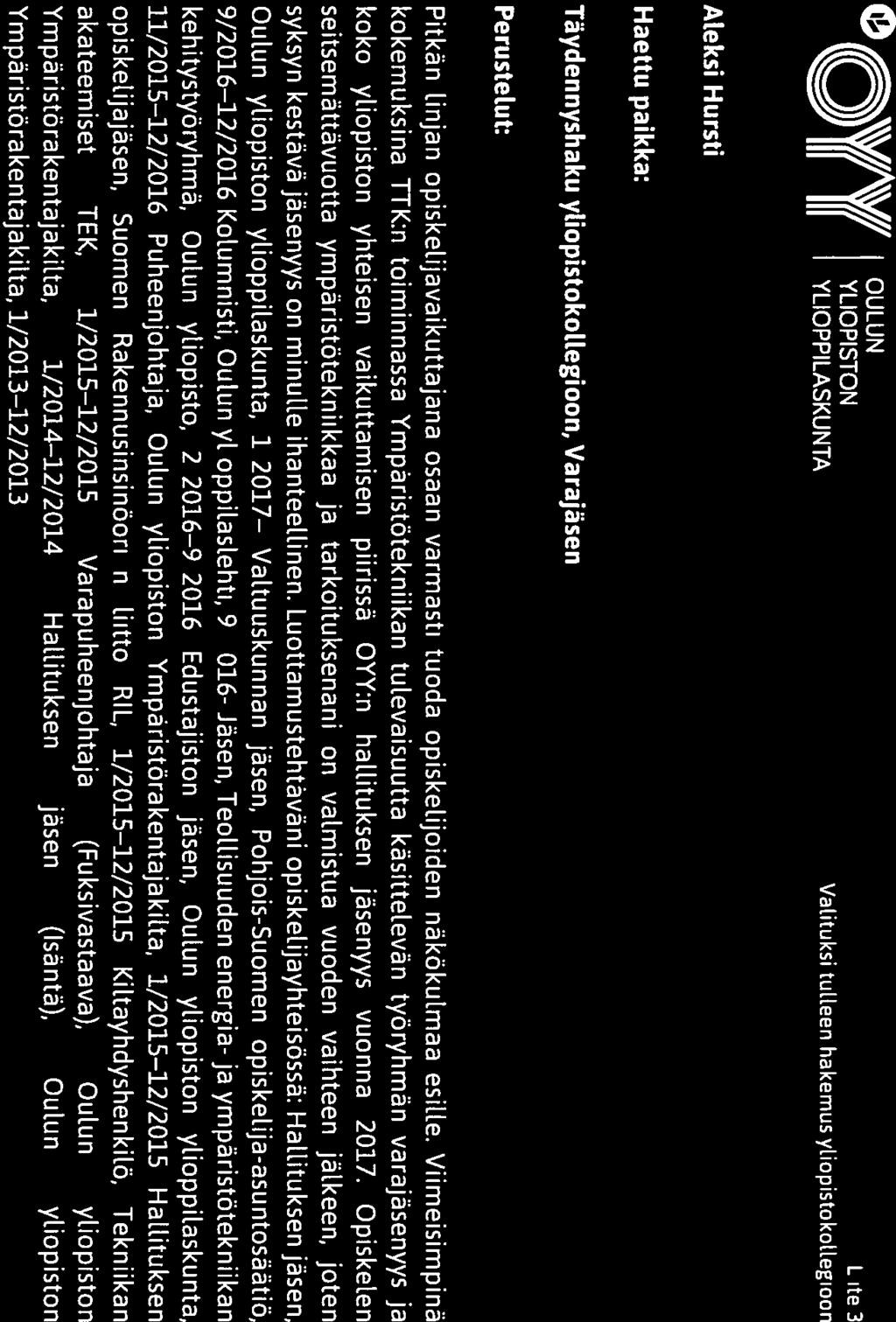 0 \V 9 OULUN Y( (( YLIOPISTON Lute 3 II II YLIOPPILASKUNTA Valituksi tulleen hakemus yliopistokollegioon ALeksi Hursti Haettu paikka: Täydennyshaku yliopistokollegioon, Varajäsen PerusteLut: Pitkän