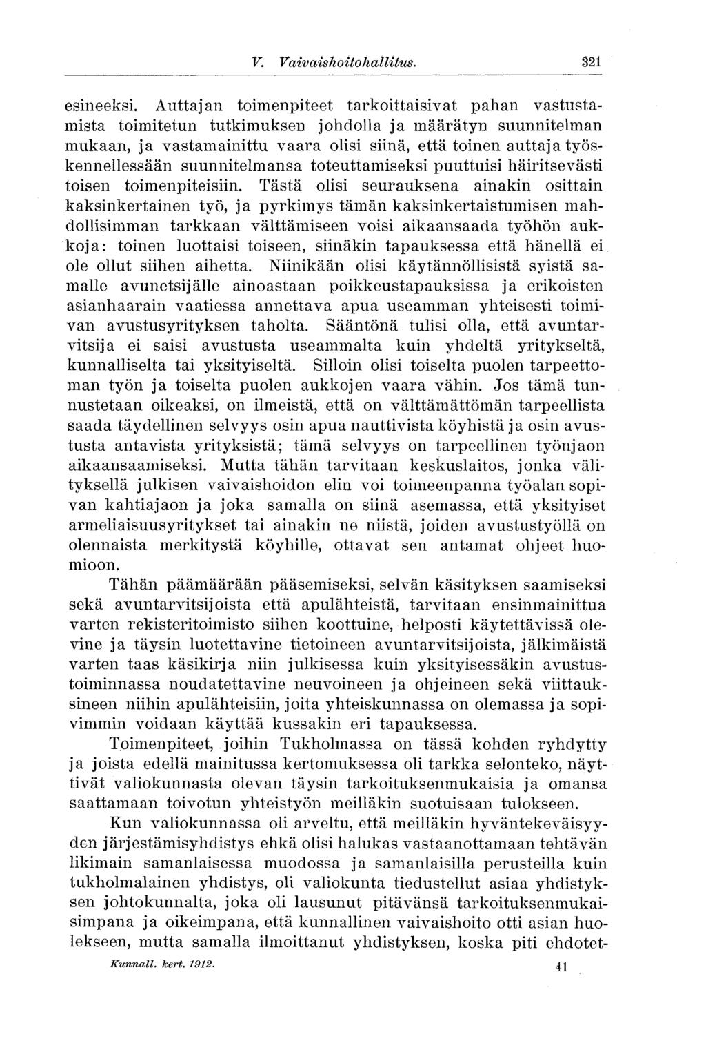 V. Vaivaishoito hallitus. 321 esineeksi.