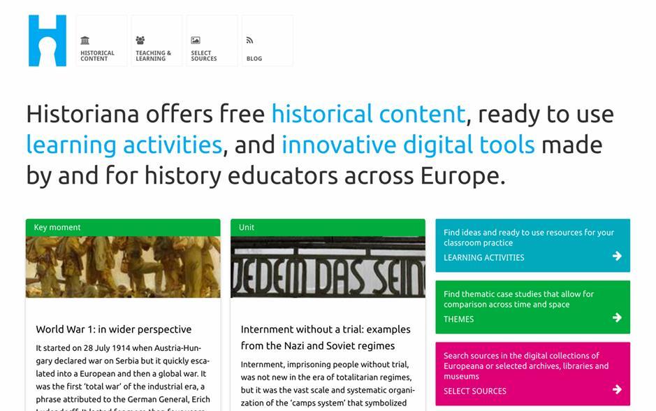 Ylävalikon kautta pääsee verkkosivun muihin osiin: Home page -etusivulle, Historical content -sivulle, Teaching and learning -sivulle, eactivitybuildertoimintoon ja omalle MyHistoriana-sivulle.