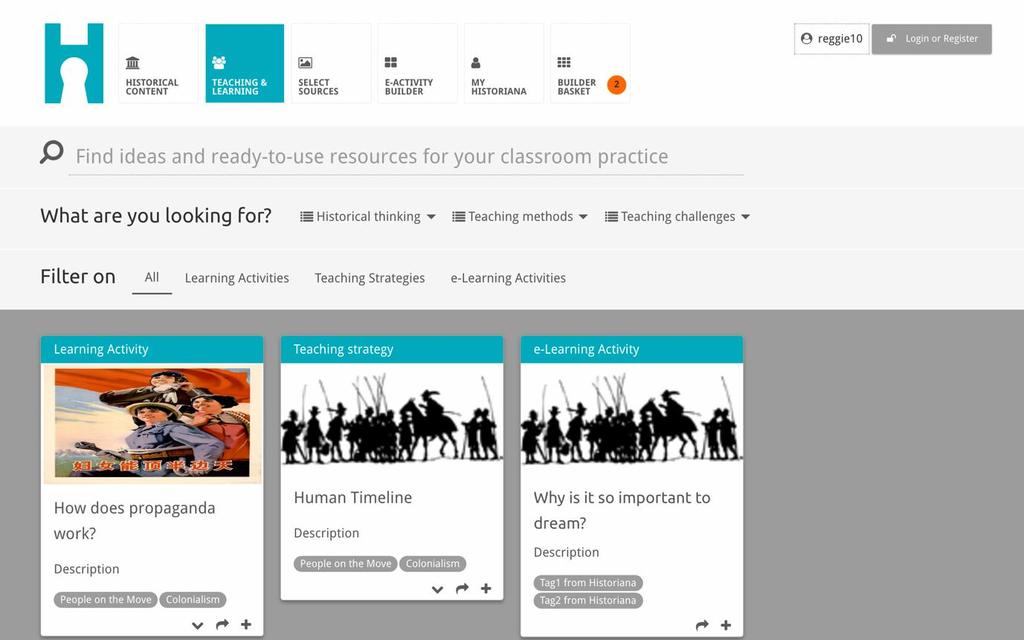 Teaching and learning -osiossa käyttäjät voivat selata Historianaa