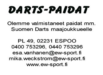 Dutch Open, Veldhoven, Hollanti... B, W, TI 03-05. Päkki Dartsin rankingkisa (Normaalit rankingkisasarjat) Kotka tai Kouvola, Ari Sissi 050-440 7766... S 11. Varhaiskypsät (ms, ns, ylikypsät) Rav.