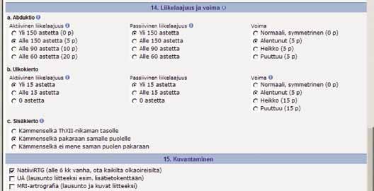 Kuva 2. Olkapään kliinisen tutkimuksen osio on yksinkertainen. Se ohjaa tekemään olkapään liikkuvuuden ja voiman määrityksen perustutkimukset.