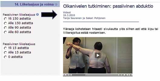 Siihen on kytketty useita aihepiiriä käsitteleviä Terveysportti-artikkeleita sekä olkapään tutkimista käsitteleviä muutaman sekunnin pituisia videoita.