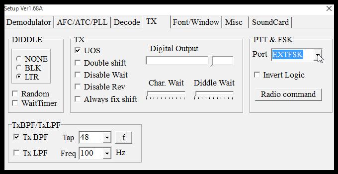 Avaa välilehti TX ja valitse liukuvalikosta viimeisin vaihtoehto EXTFSK