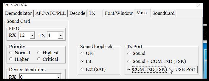 Siirry takaisin MMTTY asetuksiin (RTTY ENGINE 1 Option Setup). Valitse MISC ikkunassa TX Porti asetukseksi COM-TxD(FSK) Siirry Soundcard välilehdelle ja valitse äänikortin lähetys ja vastaanotto.