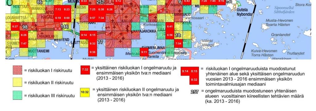 Riskiluokan I ongelmaruutuja on eniten Uudenmaan maakunnassa sijaitsevilla (Helsinki, Keski-Uusimaa ja Länsi-Uusimaa) sekä Pirkanmaan ja Varsinais-Suomen pelastustoimen alueilla.