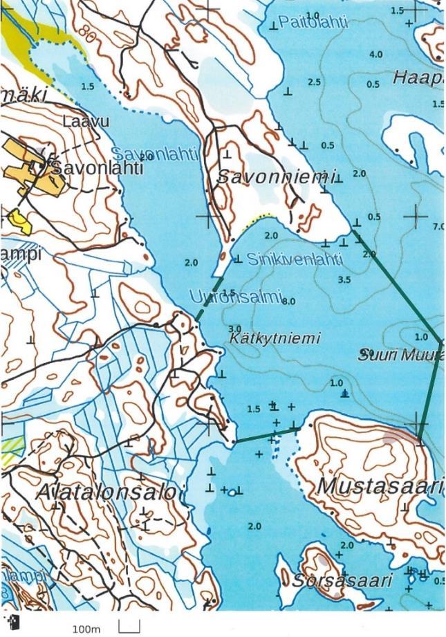 6 Kuva 3. Savonlahden ja sen edustan tutkimusalue kevättalvella 2017. Varsinaisen Savonlahden (vesiala noin 50 hehtaaria) ja sen edustan (noin 75 hehtaaria) alueet on erotettu katkoviivalla.