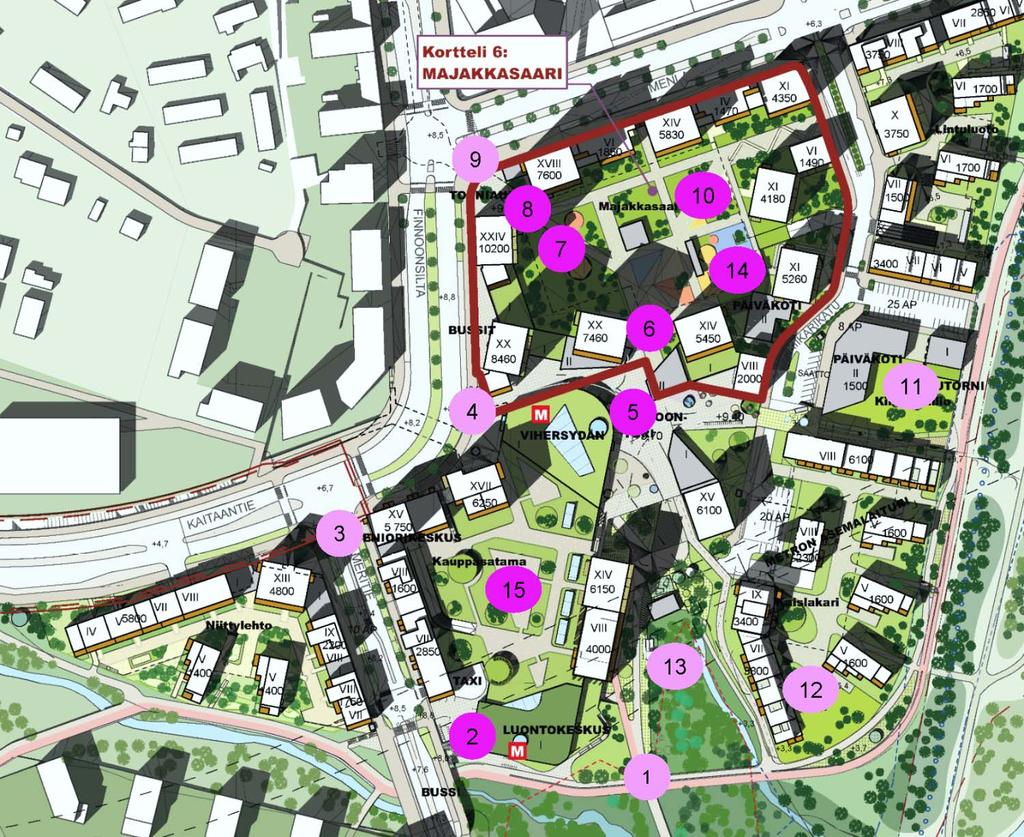 Kuva 1: Tuulisuuden laskentapisteet (kuva muokattu Cederqvist & Jäntti Arkkitehdit aineistosta).