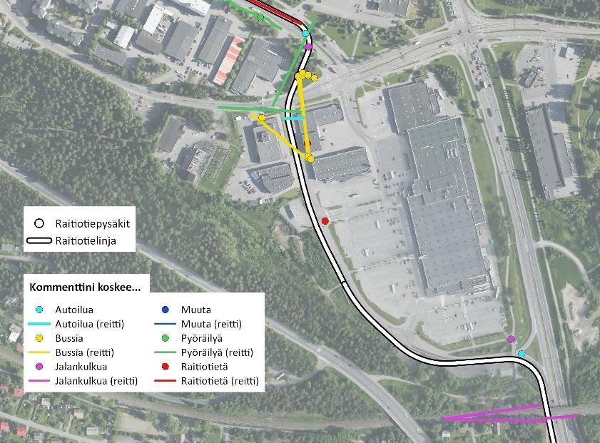 ylikulkusiltaa Kommenteissa toivottiin puita Prisman tontin kiviluiskauksiin sekä varautumista porras-/hissi-/ramppiyhteyksien rakentamiseen Vuohenojan seisakkeelle.