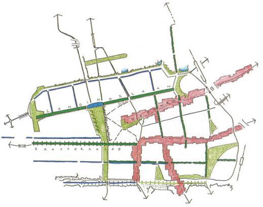 Palmboom sijoitti keskustan koko Ypenburgia kokoavan puistonauhan keskivaiheille (ks. kuva 13). Monet reitit johtavat loogisesti keskustaan, ja ytimeen syntyy selkeä pääkatu.