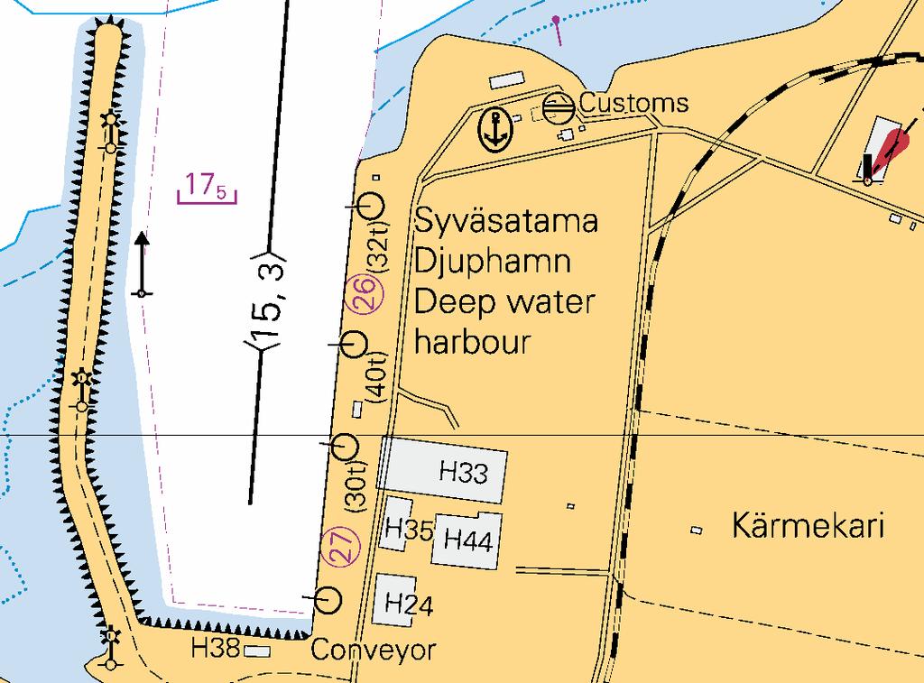 47 van muodosta, laituripaikkojen nimistä ja numeroista, kiinnityspoijuista sekä varastojen ja nostureiden sijainnista.