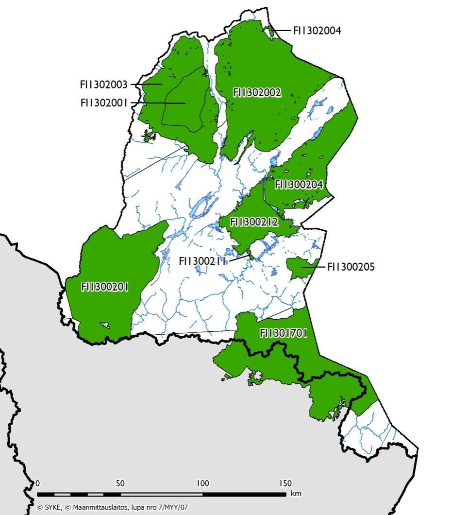 Kuva 12. Suojelualuerekisteriin valitut Natura-kohteet Tenojoen vesienhoitoalueella. Aluekoodit ks. taulukko 4.