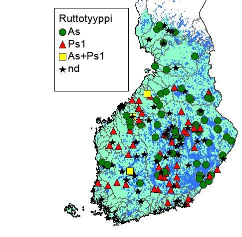 16 Kuva 3. Eviran määrityksiin perustuvat jokirapukannoista todetut rapuruttotapaukset 1990 2017 (havaintopaikat) ja rapuruttotyypitykset. Kaikkia rapuruttomäärityksiä ei ole voitu tyypittää (nd).