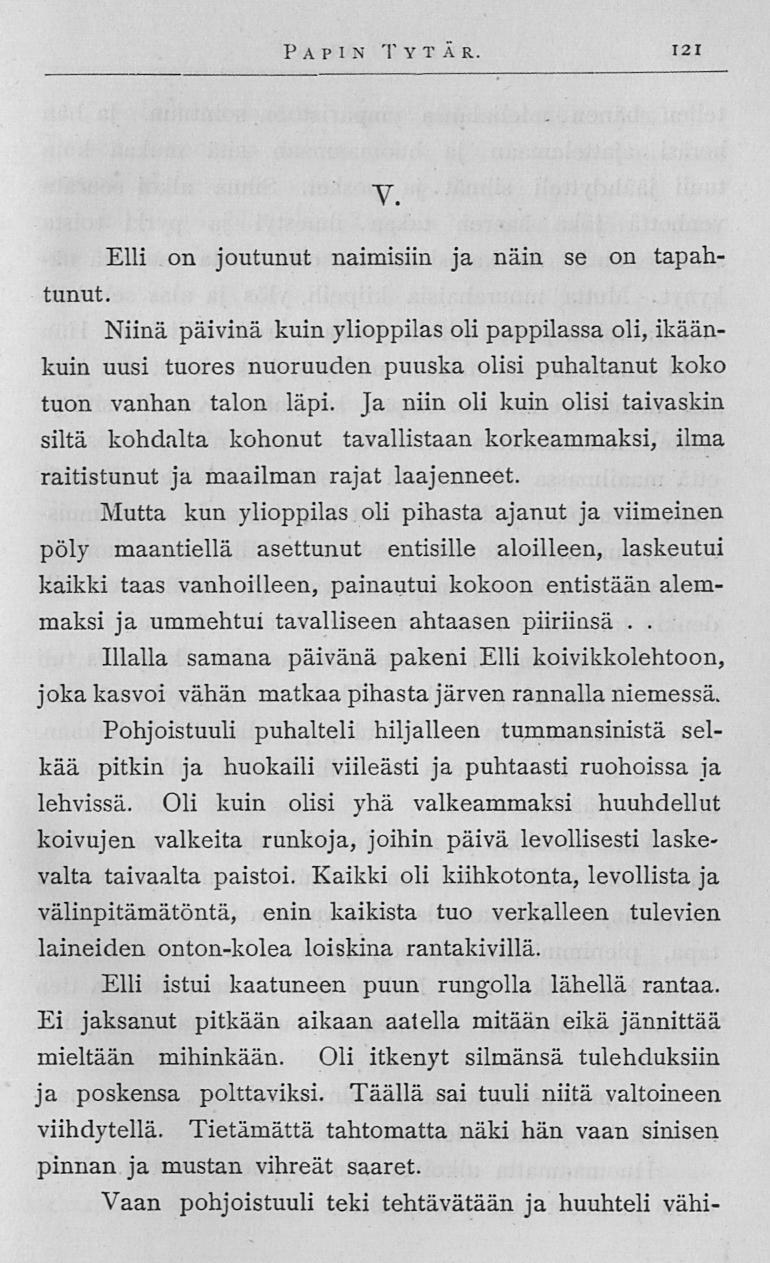 P A P 1 N T YTÄR 121 V Elli on joutunut naimisiin ja näin se on tapahtunut Niinä päivinä kuin ylioppilas oli pappilassa oli, ikäänkuin uusi tuores nuoruuden puuska olisi puhaltanut koko tuon vanhan