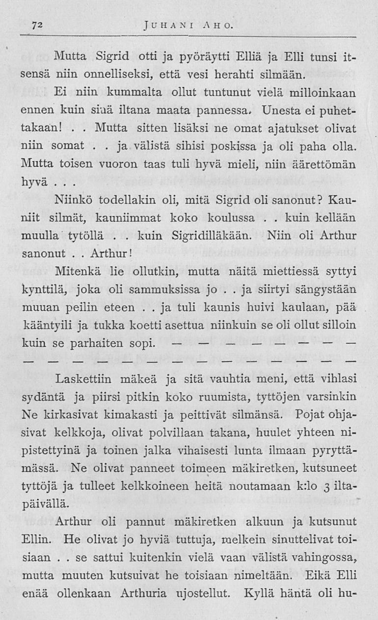 se Mutta kuin 72 Juhani Ah o Mutta Sigrid otti ja pyöräytti Elliä ja Elli tunsi itsensä niin onnelliseksi, että vesi herahti silmään Ei niin kummalta ollut tuntunut vielä milloinkaan ennen kuin sinä