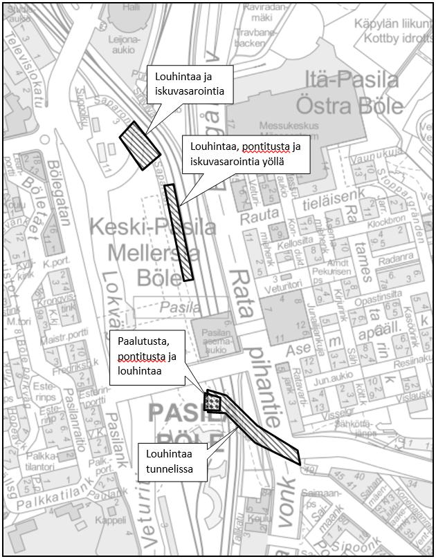 Helsingin kaupunki Pöytäkirja 2 (6) Ilmoitus koskee Pasilan lisäraiteen rakentamiseen ja Teollisuuskadun 2. vaiheen rakennusurakkaan (alla kartta) liittyviä louhinta-, paalutus- ja pontitustöitä 12.9.